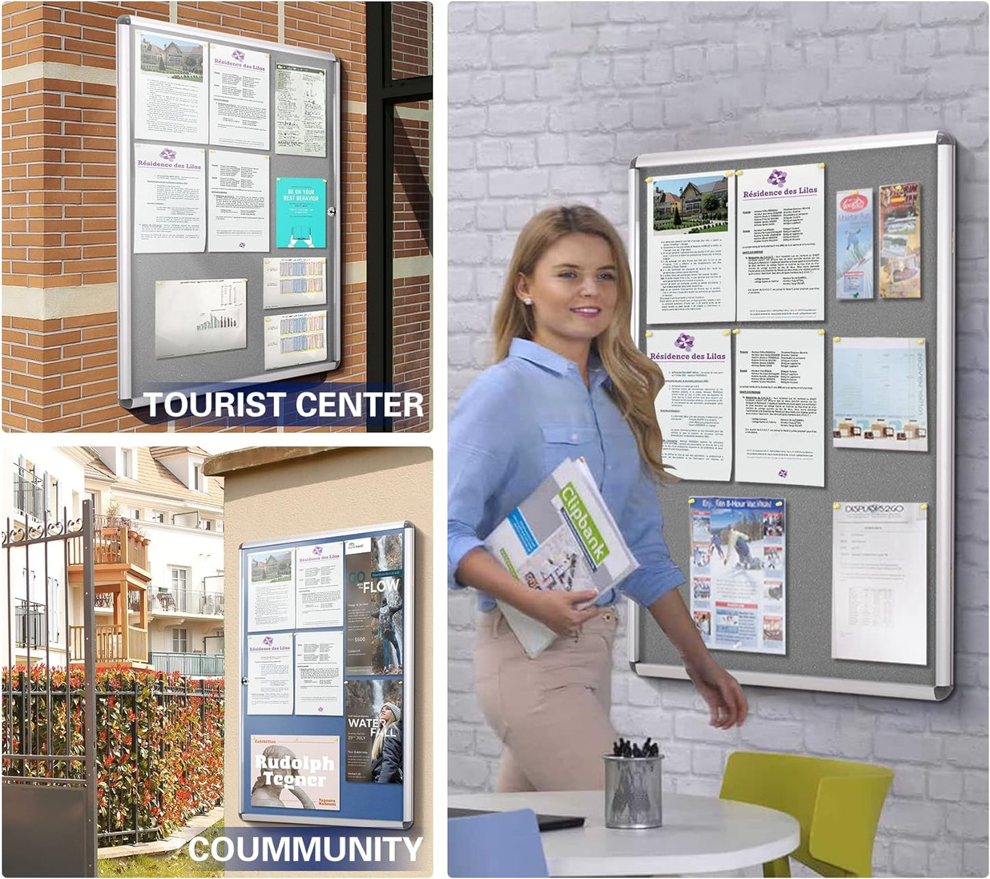 SWANCROWN Lockable Felt Bulletin Indoor Display Case Big Message Center Board with Aluminium Frame,38x38 inches (12xA4)