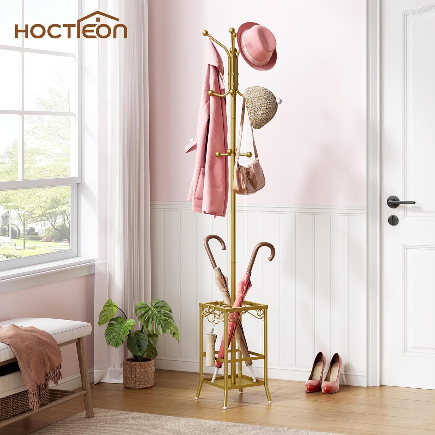 Hoctieon Coat Rack Freestanding, Coat Tree with Umbrella Holder, Metal Coat Rack Stand with 12 Hooks, Standing Coat Hanger Stand, Umbrella Stand for Entryway, Hat Rack Stand for Home Office, Gold