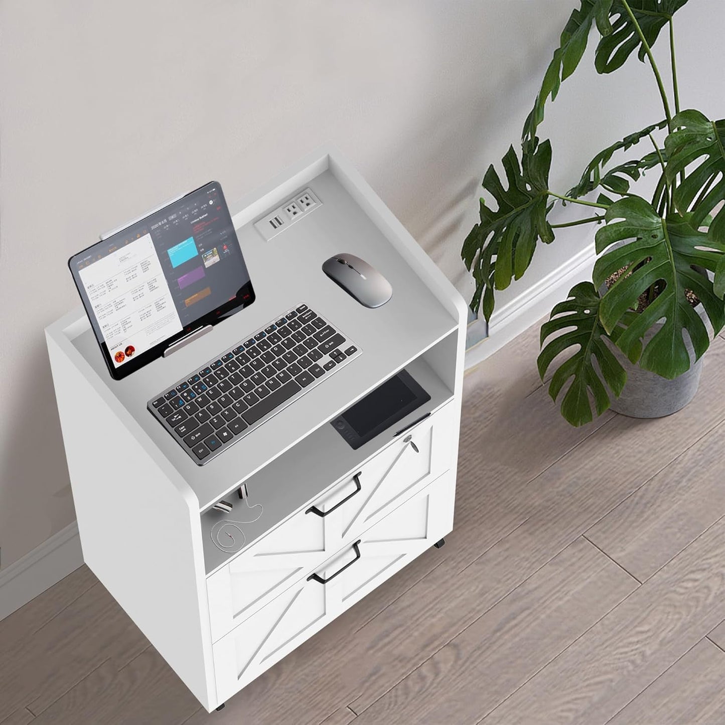 2 Drawer File Cabinet On Wheels & Charging Station, Wood Filing Cabinet with Lock & LED Light, Large Storage Printer Stand for Home Office, White