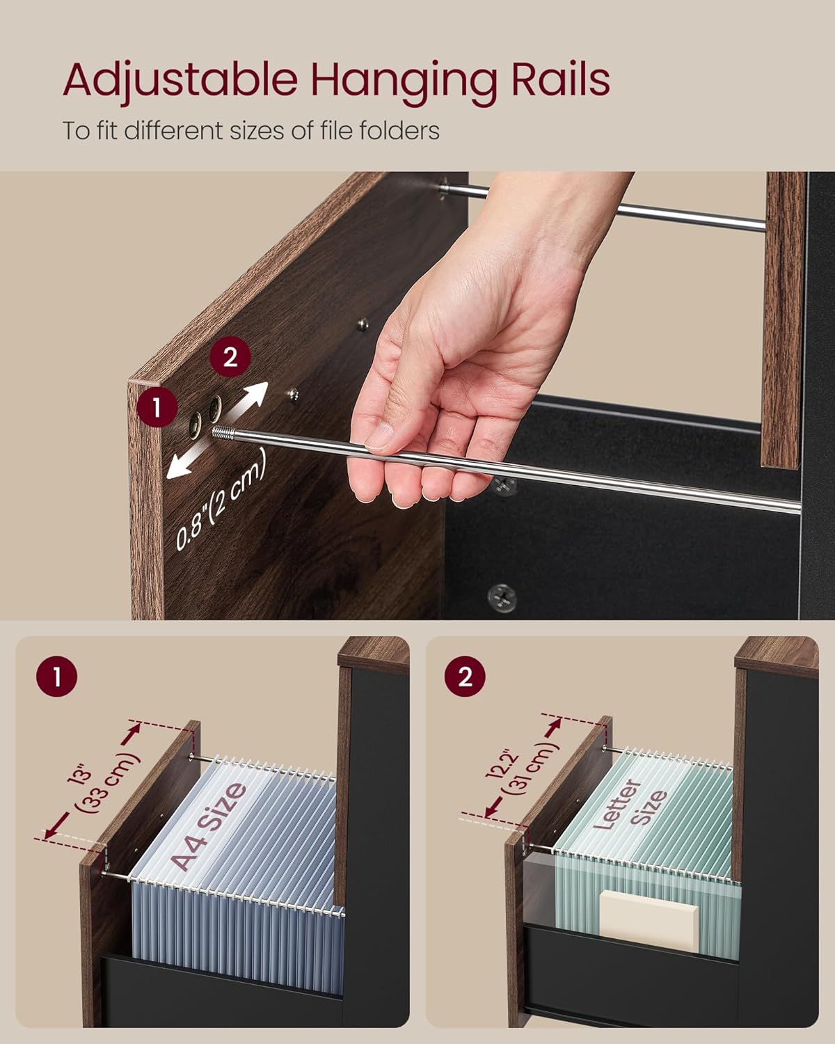 VASAGLE 2-Drawer File Cabinet, Small Rolling Filing Cabinet for Home Office, Printer Stand, for A4, Letter-Size Documents, 15.7 x 16.5 x 27.6 Inches, Natural Walnut and Ink Black UOFC040K01