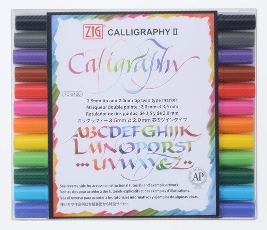 Kuretake ZIG Calligraphy Marker Pens, 12 Colors set, 2mm & 3.5mm Dual Tip Markers, for Writing & Hand Lettering, for Professional, Beginner, Water-based dye ink, Made in Japan