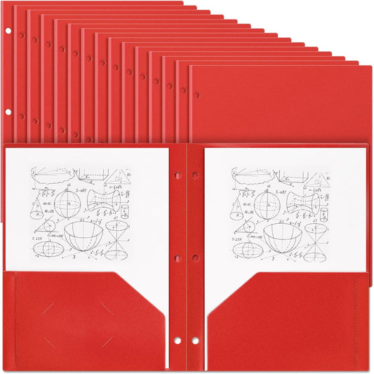 Yeaqee 50 Pcs Plastic Folders with Pockets Bulk 3 Hole Punched 2 Pocket File Folders for 3 Ring Binder Divider Folder for Notebooks, Durable Poly for Office Home (Red)