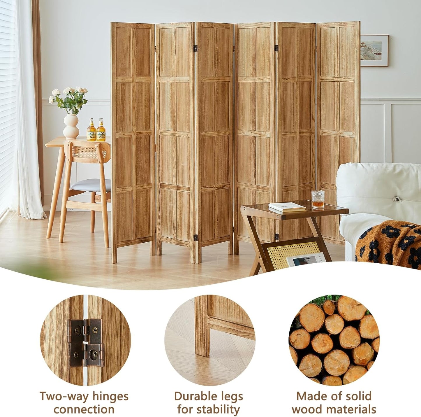 6 Panel Room Divider and Folding Privacy Screens, 5.6Ft Wood Room Dividers, Room Divider Wall Freestanding, Room Dividers Screen for Home Office Restaurant Bedroom, Light Brown