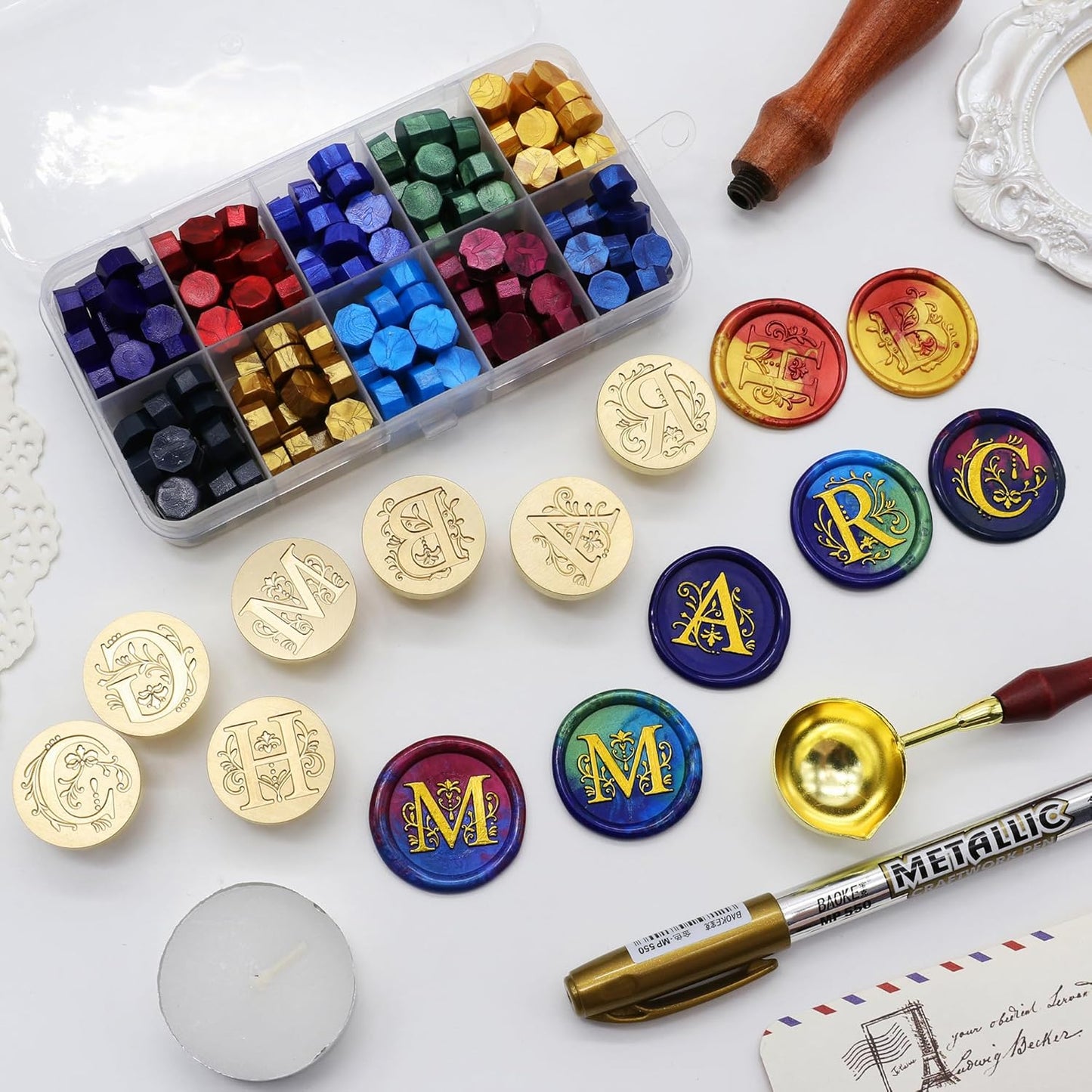 SWANGSA Initial Alphabet W Wax Seal Stamp Kit, Classic Retro Letter Sealing Stamp with 200pcs Sealing Wax Beads Kit for Wedding Invitations Cards Envelopes (W)