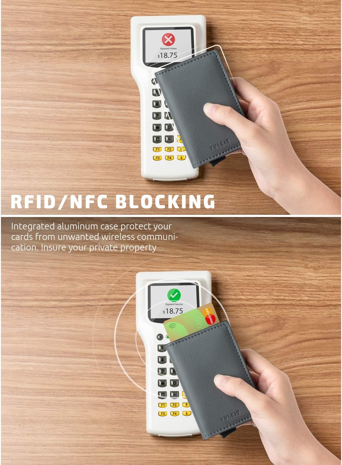 VULKIT Credit Card Holder RFID Blocking Leather Automatic Pop Up Wallet Aluminum Slim Pocket Business Card Case