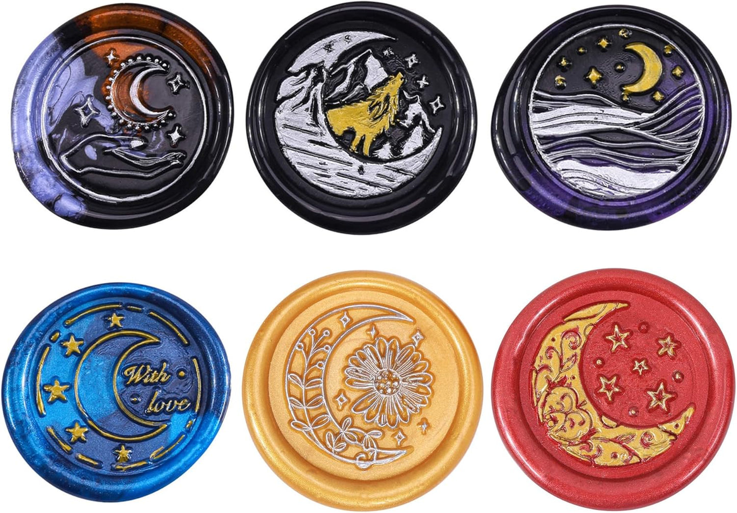 Yoption 6 Pieces Moon Series Wax Seal Stamp Set, Vintage Sealing Wax Stamp Heads + 1 Wooden Handle with Gift Box for Wedding Invitation, Christmas, Gift Idea