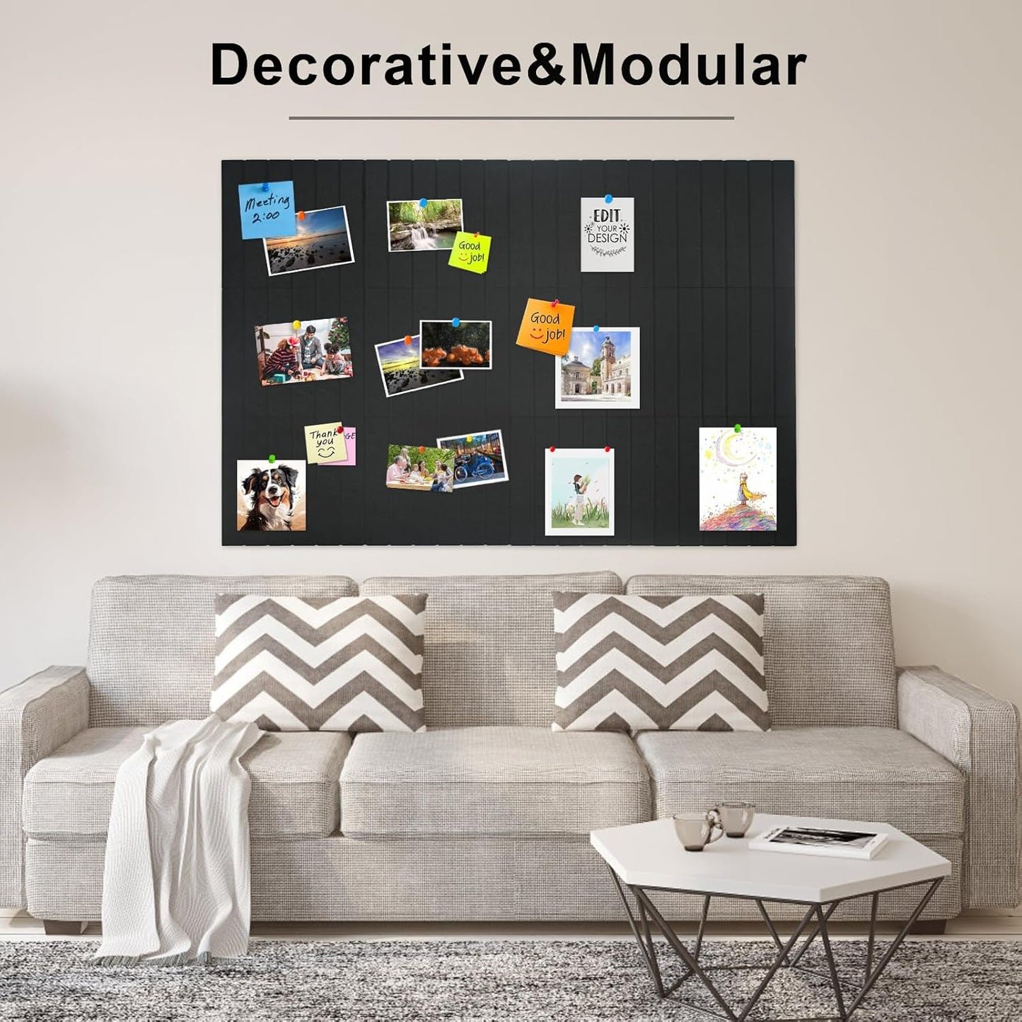 12 Pack Large Cork Board for Walls, Slat Wall Paneling, 48" X 36" Felt Bulletin Board Tiles with Safe Removable Adhesive Tabs & Push Pins, Pin Board Cork Board Wall Organizer for Office - Black