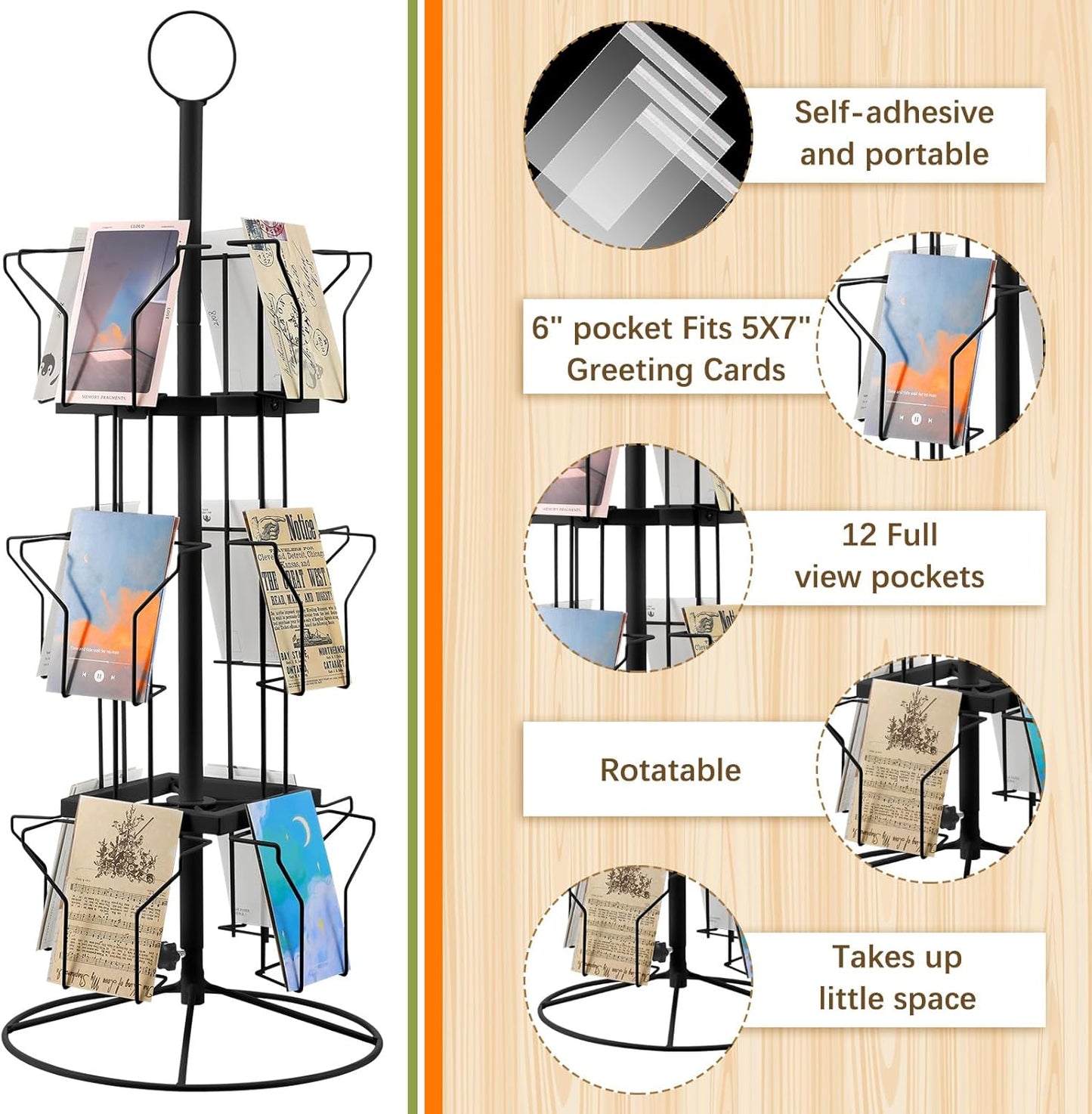 Nuanchu 12 Pockets Greeting Card Display Stand Countertop Rotating Greeting Card Rack with 200 Clear Resealable Bags 3 Tier Metal Display Stand Spinning Holder for Stickers Showcase Postcard(Black)