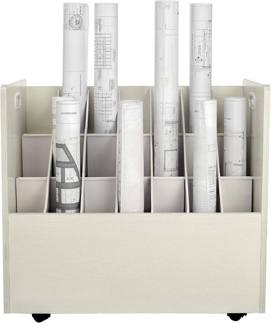 Adir Blue Print Storage Organizer - Mobile Roll File Cart, Construction Plan Holders, Blueprint Cabinet with Wheels, Roll Files Storage for Office and Home (21 Slots, White)