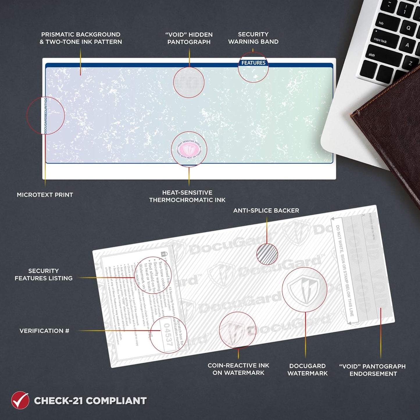 DocuGard Blue/Green Premier Prismatic Bottom High Security Check Paper - QuickBooks & Laser/Inkjet Printer Compatible - 13 Security Features - 500 Blank Business Checks (04537)