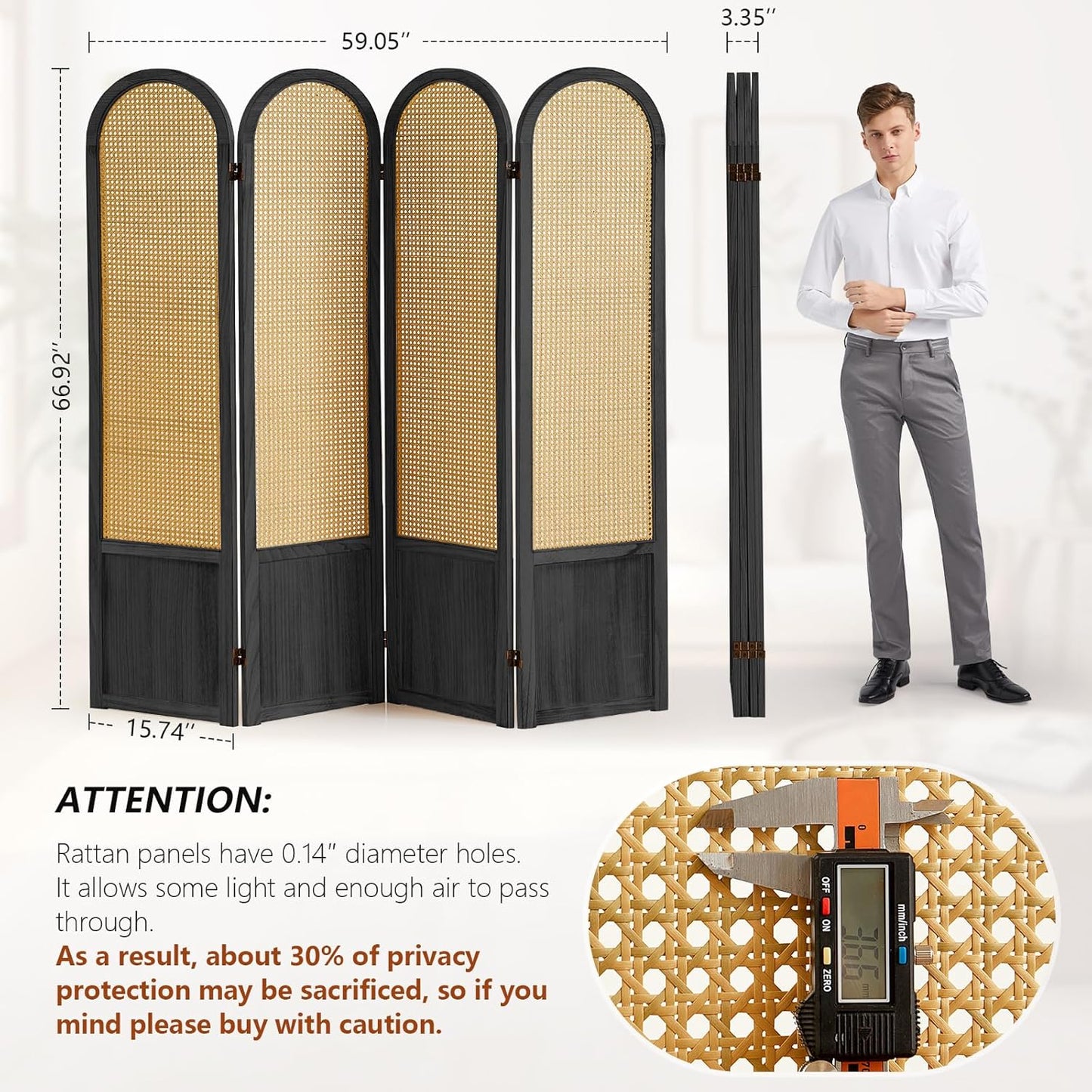 4 Panel Room Divider and Folding Privacy Screen, 5.6 Ft Foldable Double Hinged Rattan Partition, Hand-Woven Rattan Room Divider Portable Wood Freestanding Wall Divider for Room Separation - Black