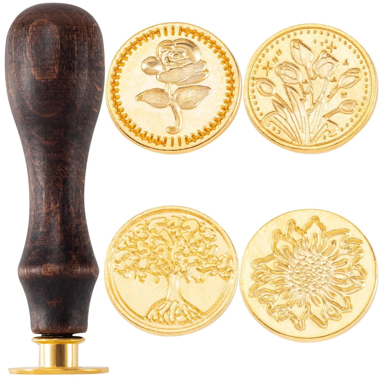 5pcs Wax Seal Stamp Kit, Brass Sealing Wax Stamps Head & Wooden Handle for Wedding Invitations Cards Envelopes Gift Packing(Tree of Life+Tulip+Daisy+Love Rose)