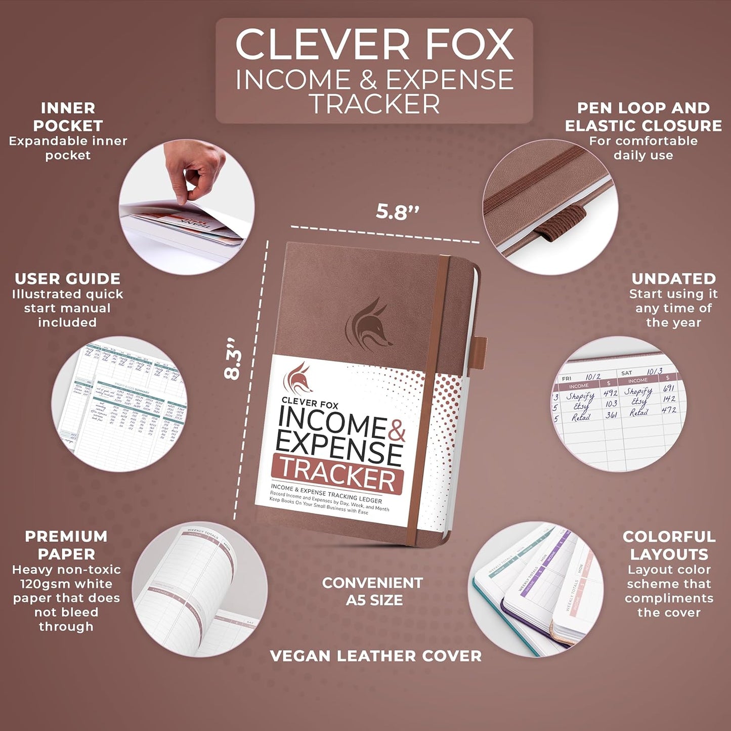 Clever Fox Income & Expense Tracker – Accounting & Bookkeeping Ledger Book for Small Business – 1-Year Record Notebook, A5 (Dark Terracotta)