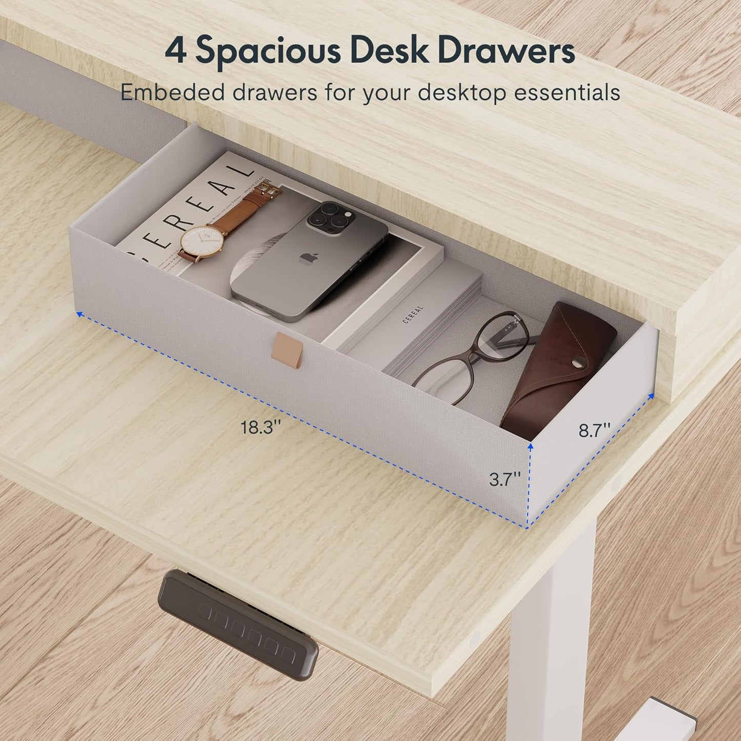 FLEXISPOT 63" L Shaped Standing Desk with Shelf Electric Corner Table, Drawers, Adjustable Computer Workstation for Home, Office,USB Charging Port, 63x55in, Light Maple Top + White Frame