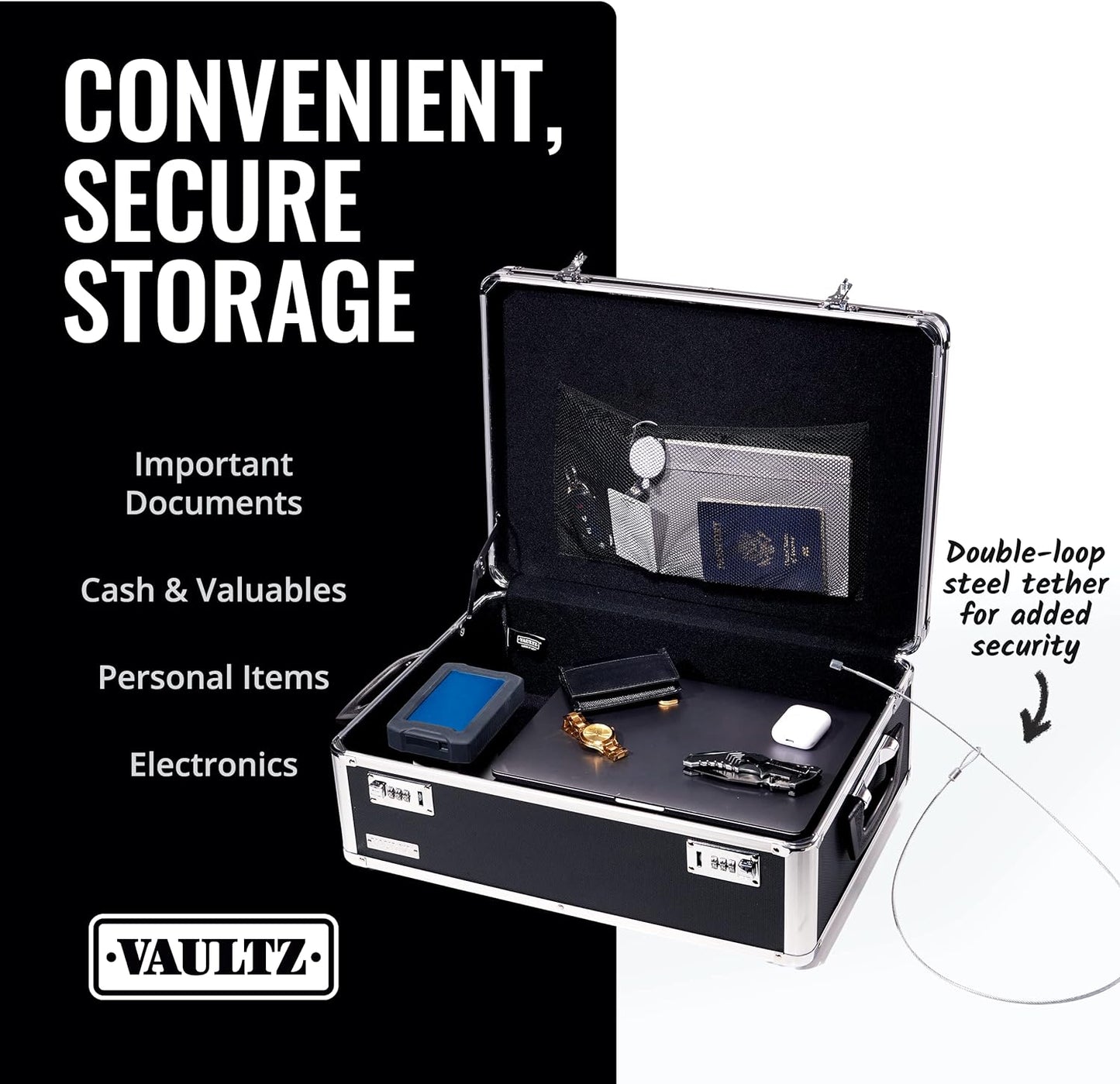 Vaultz Storage Lock Box - 6.5 x 23 x 13.5 Inch - Secure Dorm Storage Trunk with Combination Lock - Ideal Briefcase, Medicine Box, and Personal Item Lock Box - Store Cash, Laptop - Black/Silver