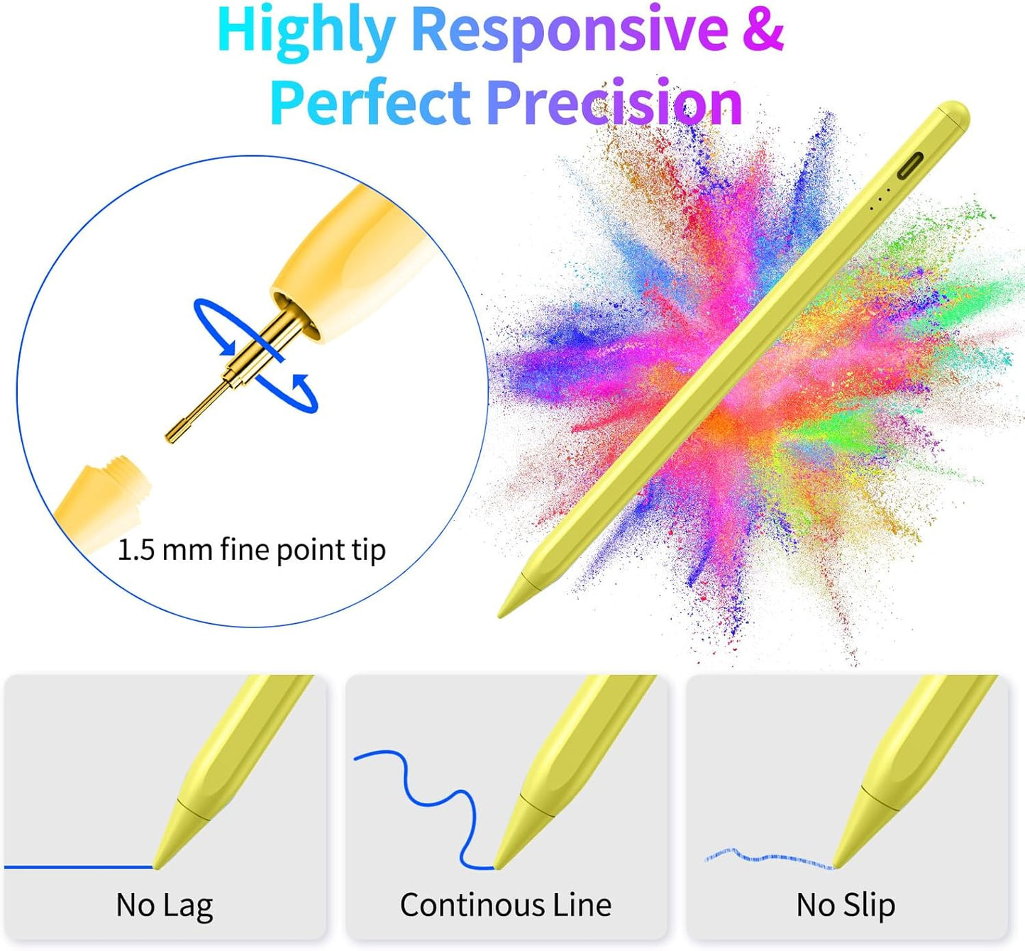 Stylus Pen for iPad, Fast Charging Pencil for Pad with Palm Rejection, Tilt Sensitivity for iPad 6-10, Pro 11"/12.9"/M4, Air 3/4/5/M2, Mini 5/6, Yellow