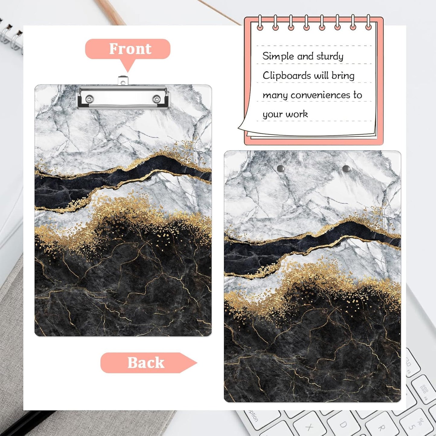 Black Marble Plastic Clipboards,Cute Fashion Clipboard Decorative 8.5" x 12.5"Standard A4 Size Clipboards,Acrylic Clipboard for Teacher,Social Worker,Students,Nurse,Office Supplies