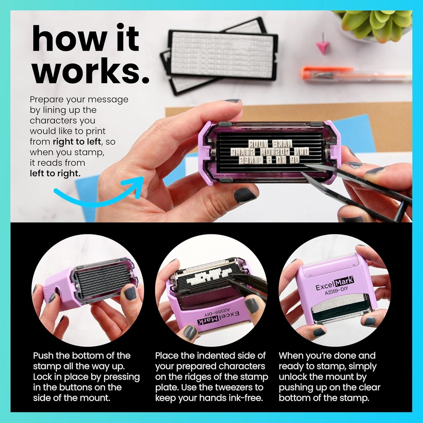 ExcelMark Self-Inking DIY Custom Rubber Stamp Kit - Personalized Stamper for Business or Home - Address Stamp, Message Stamp, and More (Purple)