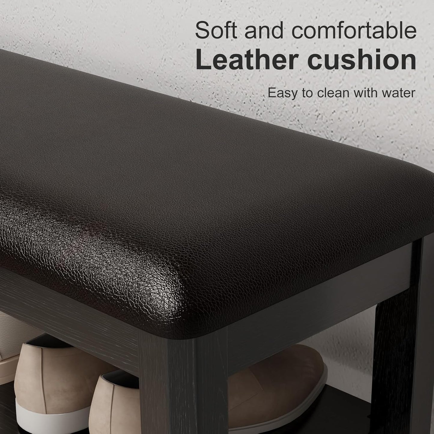 Shoe Bench with Leather Cushion, 3 Tiers Shoe Storage Bench Height Adjustable, Walnut Wood Entryway Bench for Hallway, Mudroom