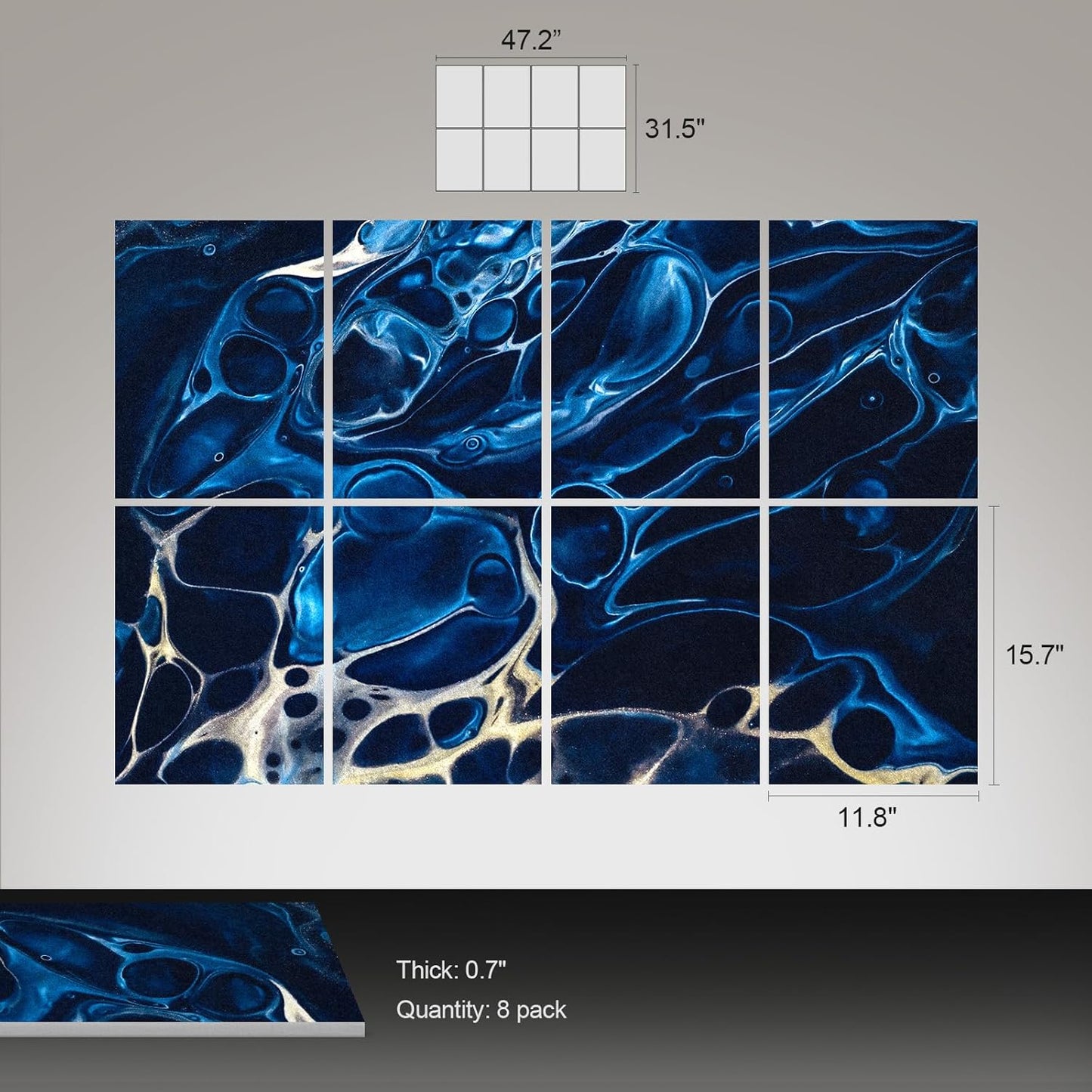 UMIACOUSTICS 8 Pcs 0.7Inch Thick Art Acoustic Panels, Total 47.2” x 31.5” Decorative Sound Absorbing Art Panels, Acoustical Wall Panels for Home, Office, Hotel, Blue-Reflect-Water