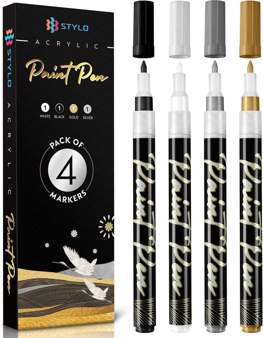 Stylo 4 Count Acrylic Metallic Pens - Black, Gold, Silver And White Paint Pens - Fine Tip Permanent Acrylic Metallic Paint Markers for Rock Painting, Glass, Wood, Ideal for Arts and Crafts