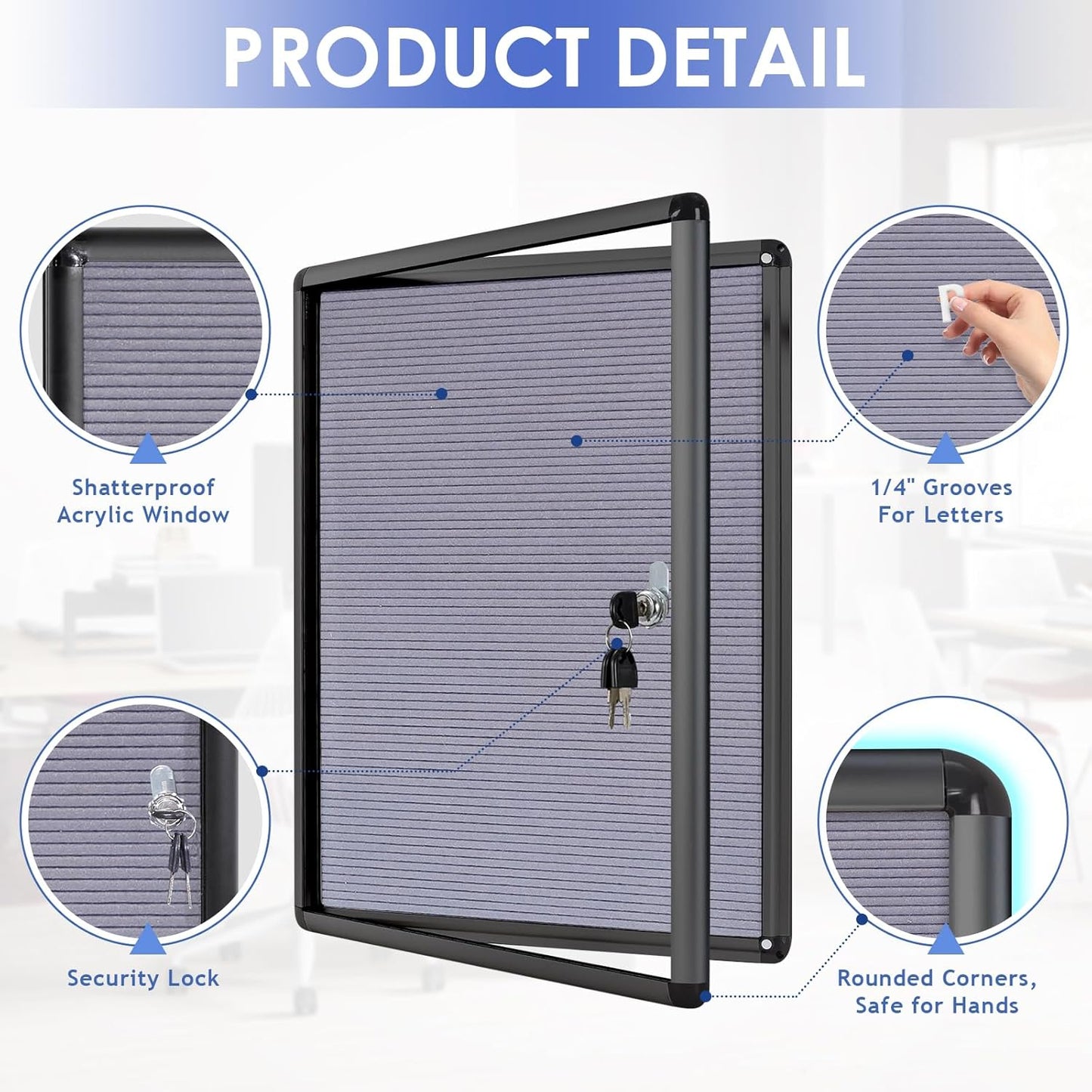 SWANCROWN Enclosed Bulletin Board with Locking Door 20x14 in, Lockable Felt Letter Board Sign Tamperproof Message Board for Office School Home, Black Aluminum Frame, Grey