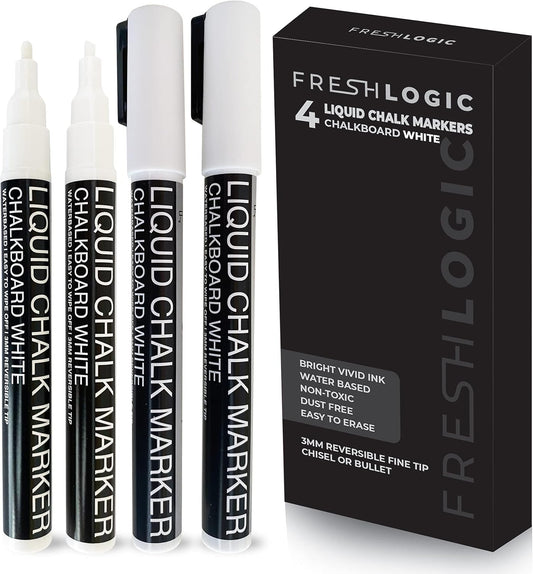 Liquid Chalk Markers - 4 White Fine Tip Chalk Pens, Erasable, Non-Toxic, Water-Based, Kids & Adults - White Chalk Markers for Blackboard, Glass, Chalkboard Paint for Businesses, Restaurants