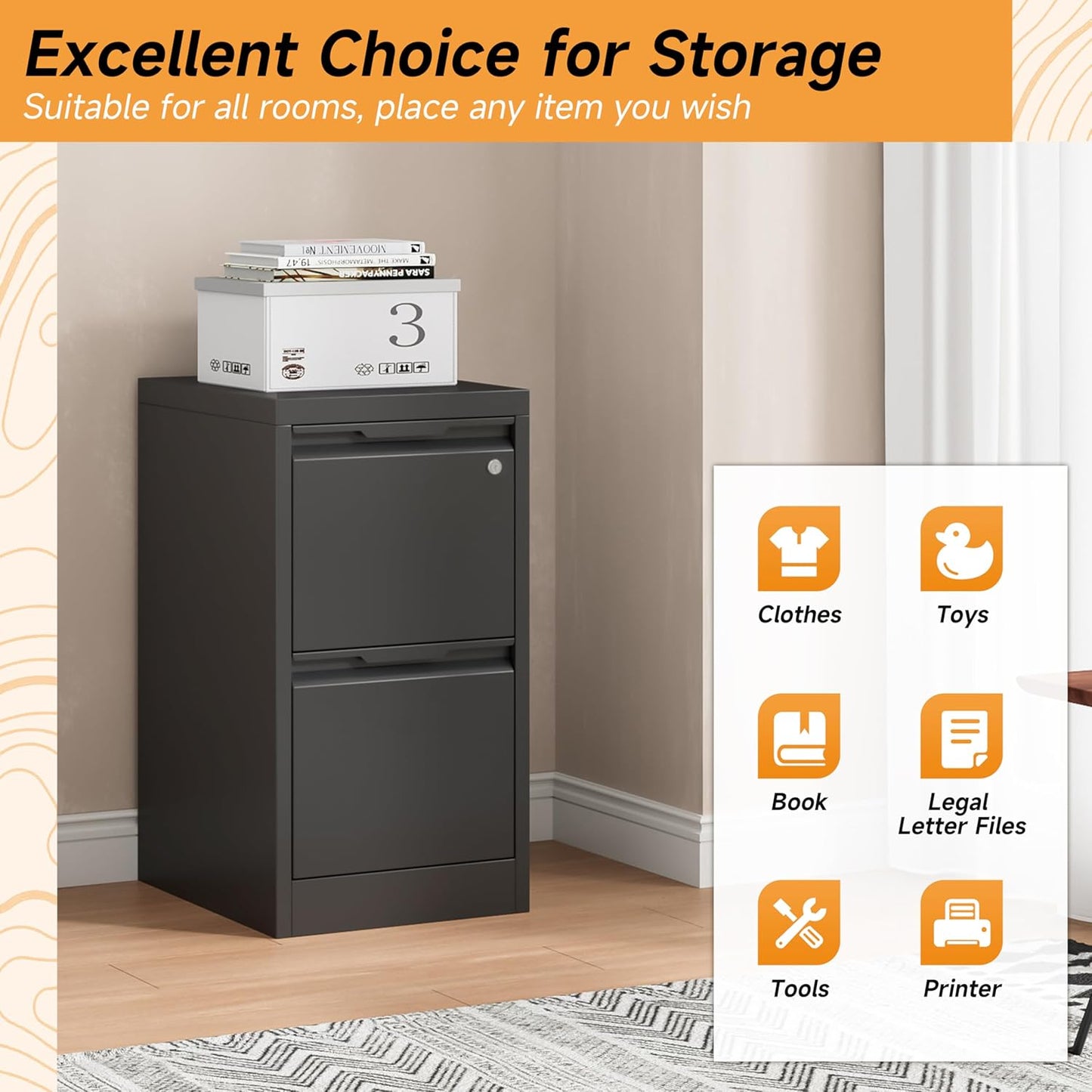 2 Drawer File Cabinet, 17.8" Deep Filing Cabinet for Home Office, Metal Vertical File Cabinet with Lock for Letter/Legal/A4/F4 Size, Easy Assemble (Black)