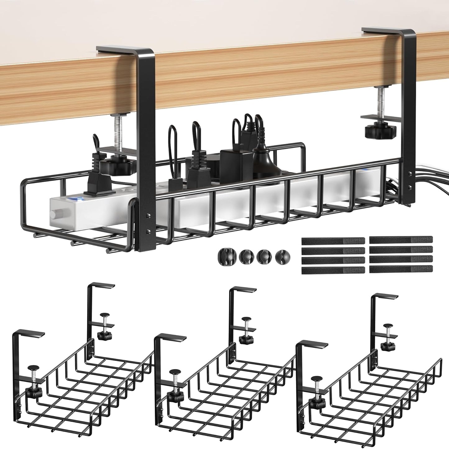 3 Pack Cable Management Under Desk Tray, 47.1" No Drill Under Desk Wire Management with Upgraded Clamp, Metal Cord Organizers with Cable Organizers, PC Cord Organization Rack, Black