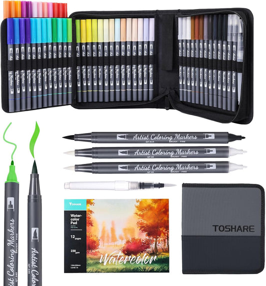 Watercolor Pens Set, 48-Color Dual Tip Paint Markers, Water-Based Coloring Markers with 1 Aquapen, 2 Colorless Blenders, 1 Black Marker, and 12-Page Pad, Paint Supply for Artists & Beginners