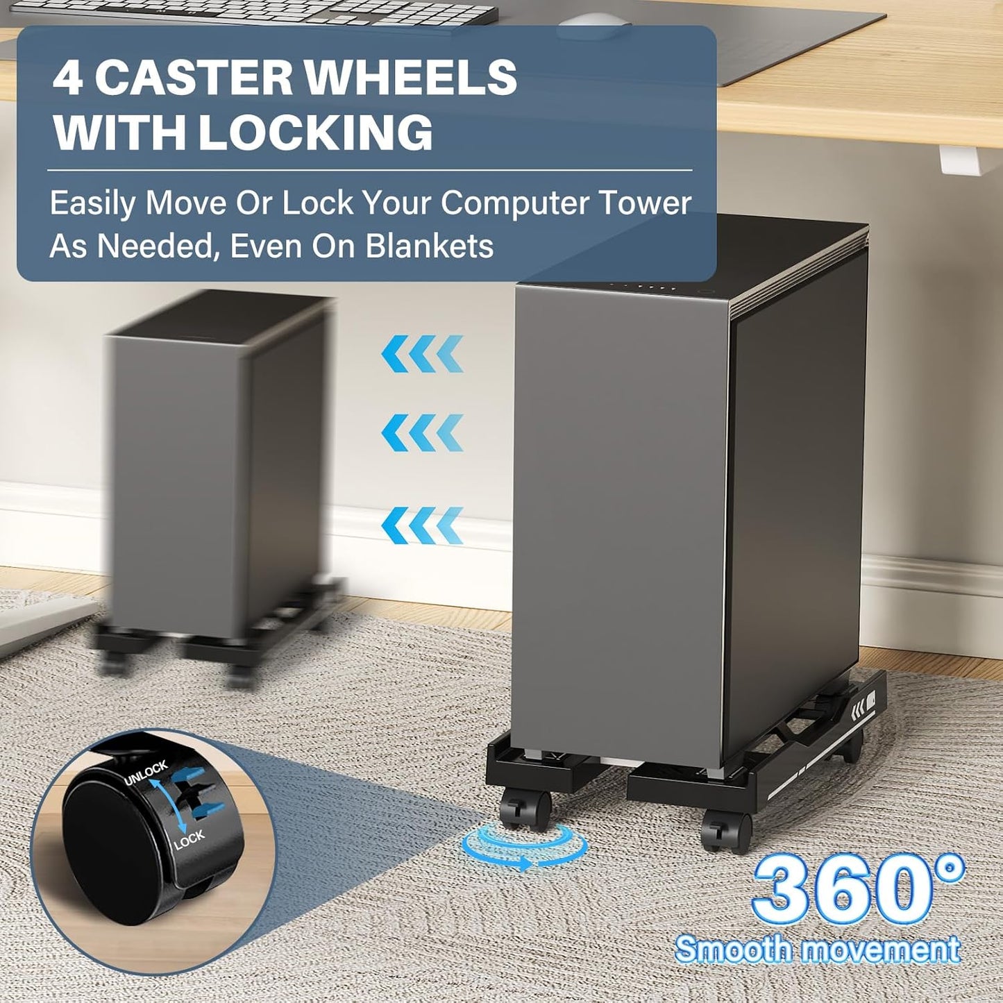 Adjustable Computer Tower Stand, Mobile PC Stand for Floor with 4 Locking Caster Wheels Fits Most PC, Under Desk CPU Holder for Office, Gamers and Students (Black)