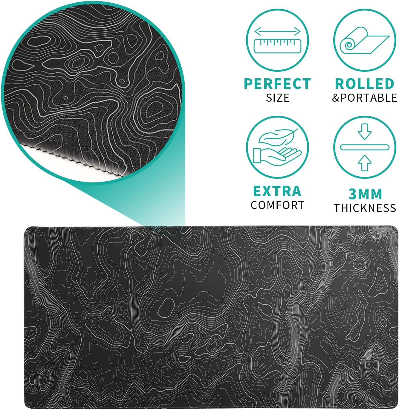 Topographic Contour Extended Big Mouse Pad Large,Gaming Mouse Pad Desk Pad,27.6x11.8 Inch Long Computer Keyboard Mouse Mat Mousepad with 3mm Non-Slip Base and Stitched Edge for Gaming and Office