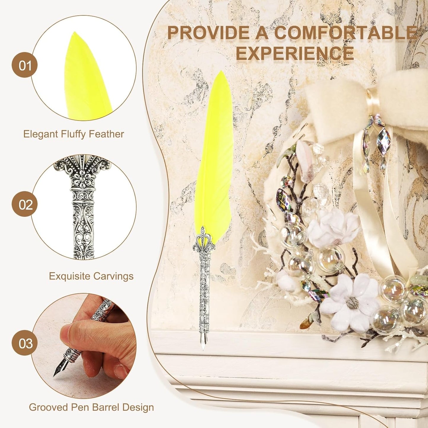 PATIKIL 26.5cm/10.4" Calligraphy Feather Quill Pen, Vintage Feather Dip Pen with 5 Replacement Nibs for Calligraphy Writing Wedding Office Gifts, Yellow