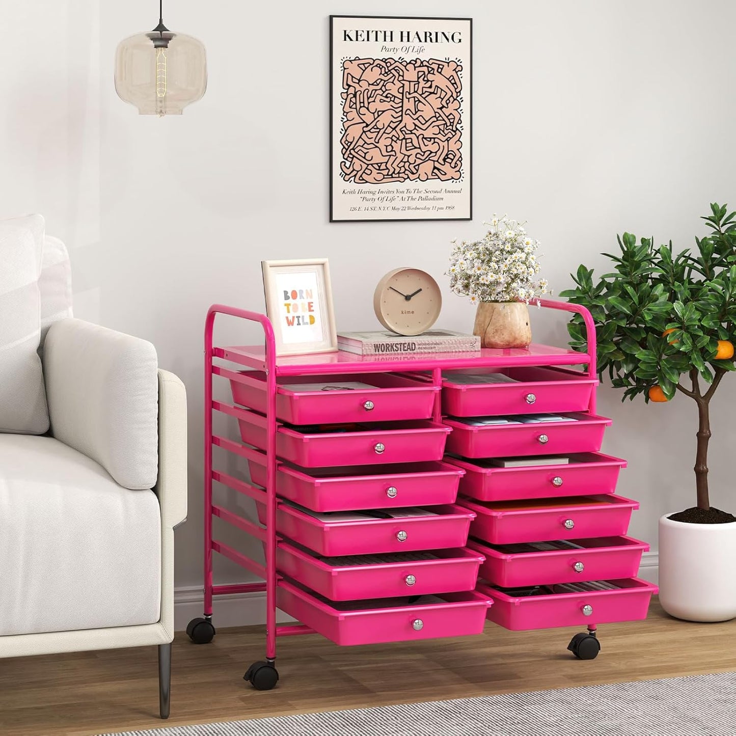 Giantex 12 Drawers Rolling Cart, Mobile Storage Drawer Cart, Classroom Organizer Cart for Office School Supplies Tools Scrapbook Paper Craft Small Printer, Utility Cart on Wheels, Hot Pink