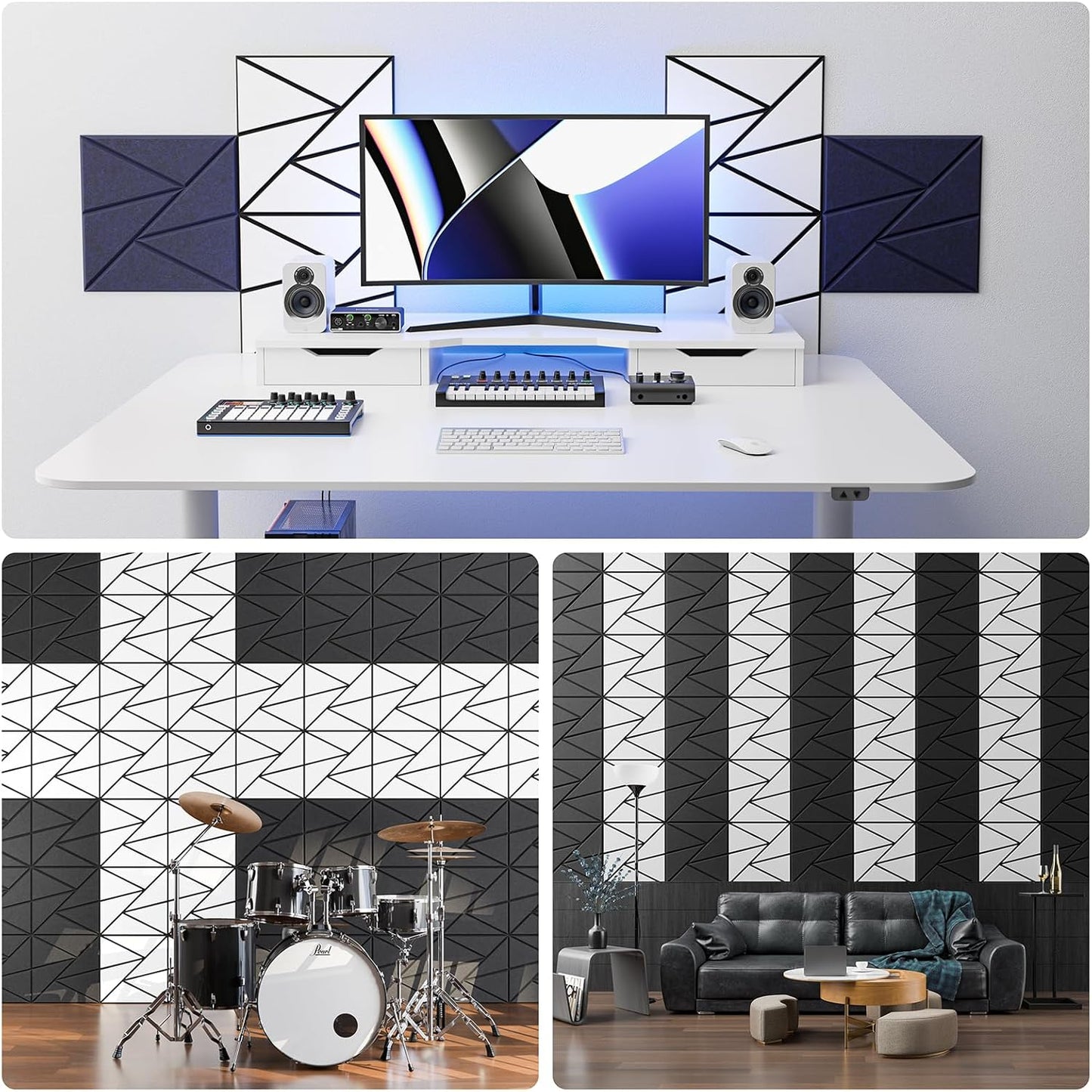 18 pack Acoustic Panels With Self-Adhesive, 12"X 12"X 0.4"Sound Proof Foam Panels, Sound Panels High Density, Soundproof Wall Panels for Home Studio Office- BlackBase + WhiteFace V1