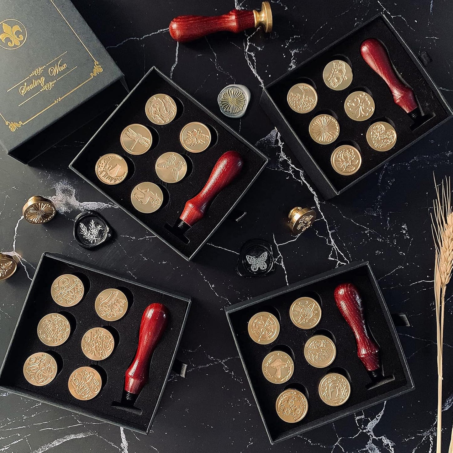 Wax Seal Stamp Gift Box Set, 6 Pcs Sealing Wax Stamps Copper Seals 1 Wooden Hilt, Wax Stamp Kit for Cards Envelopes, Gift Packaging (Vast Universe Series)