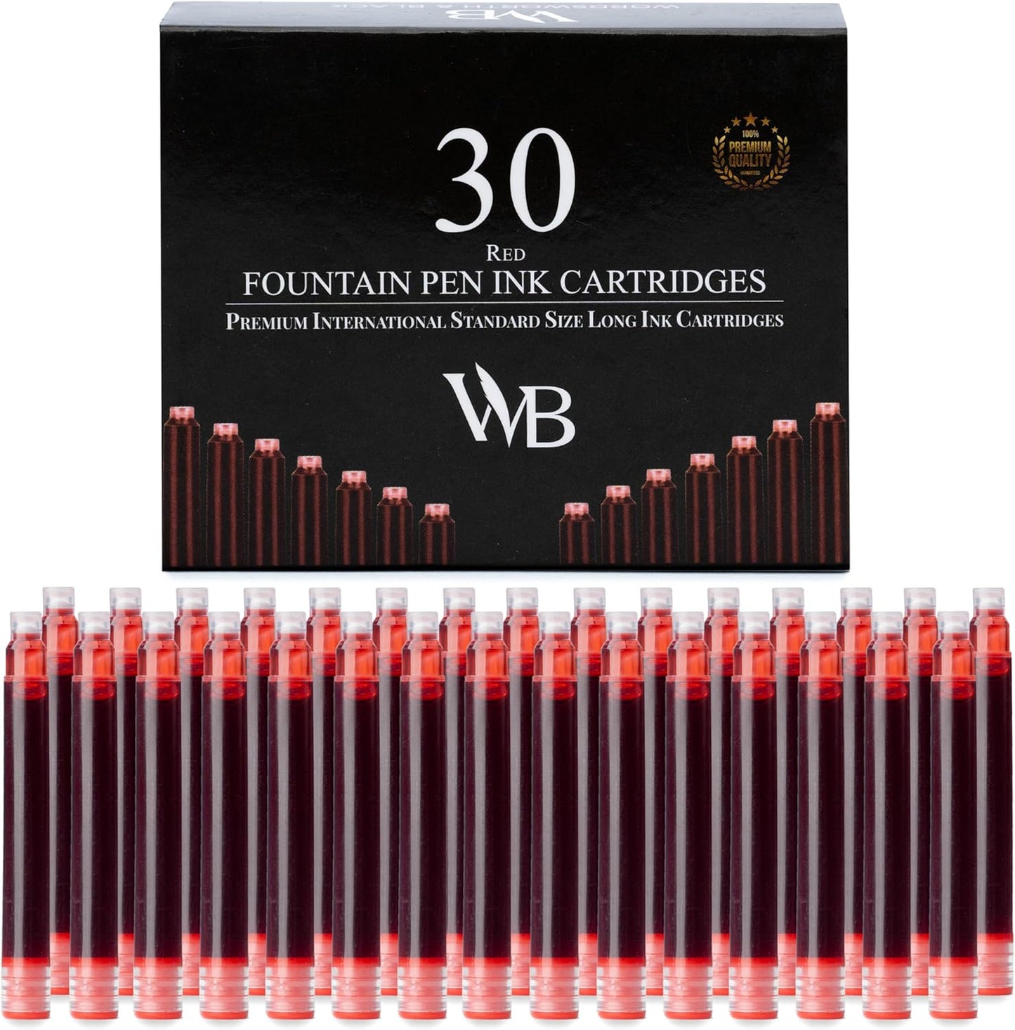 Wordsworth & Black Fountain Pen Ink Refills - Set of 30 Red Ink Cartridges - International Standard Size - Length APPR 2.04 Inch - Base Diameter APPR 0.24 Inch - Disposable and Generic