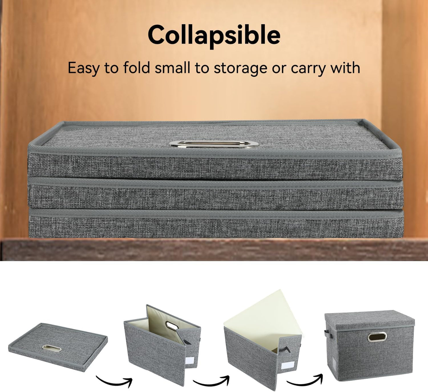 Voova Large Collapsible Storage Bins with Lids, 3 Pack Stackable Line Fabric Cube Storage Organizer, Foldable Closet Storage Boxes Baskets Containers with Cover for Clothes Bedroom Office Home, Grey