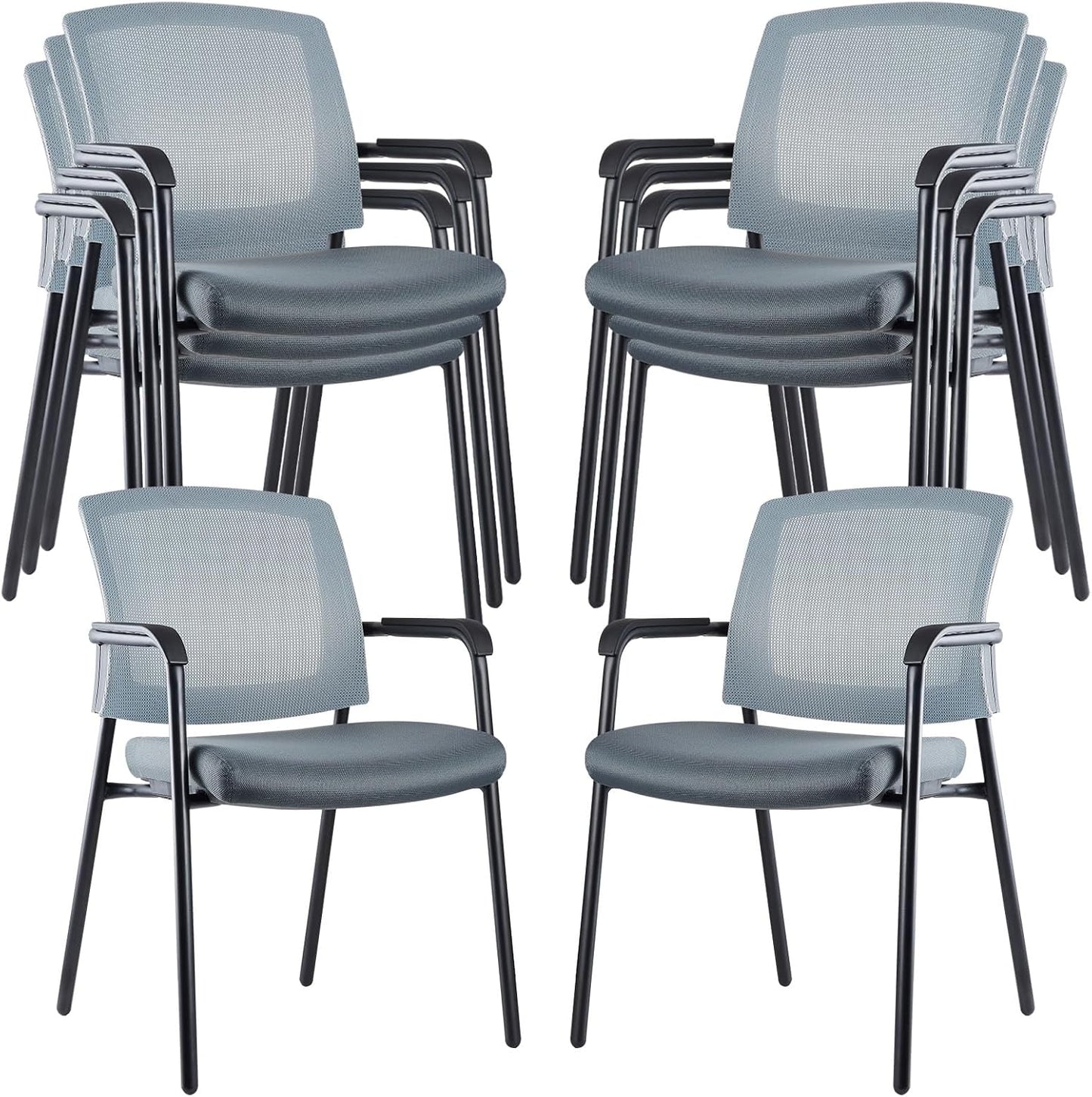 CLATINA Grey Stacking Chairs Stackable Waiting Room Chairs with Armrest, Mesh Office Reception Guest Chair for Home Desk Conference Lobby Church Medical Meeting Training Ergonomic, Set of 8