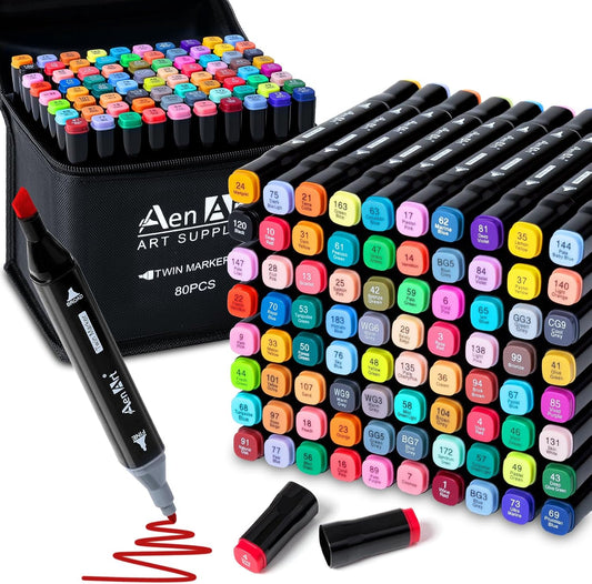 AenArt Alcohol Markers Set, 80 Color Dual Tip Art Drawing Markers, Artist Pens with Organizing Case for Adult Drawing Coloring Sketching
