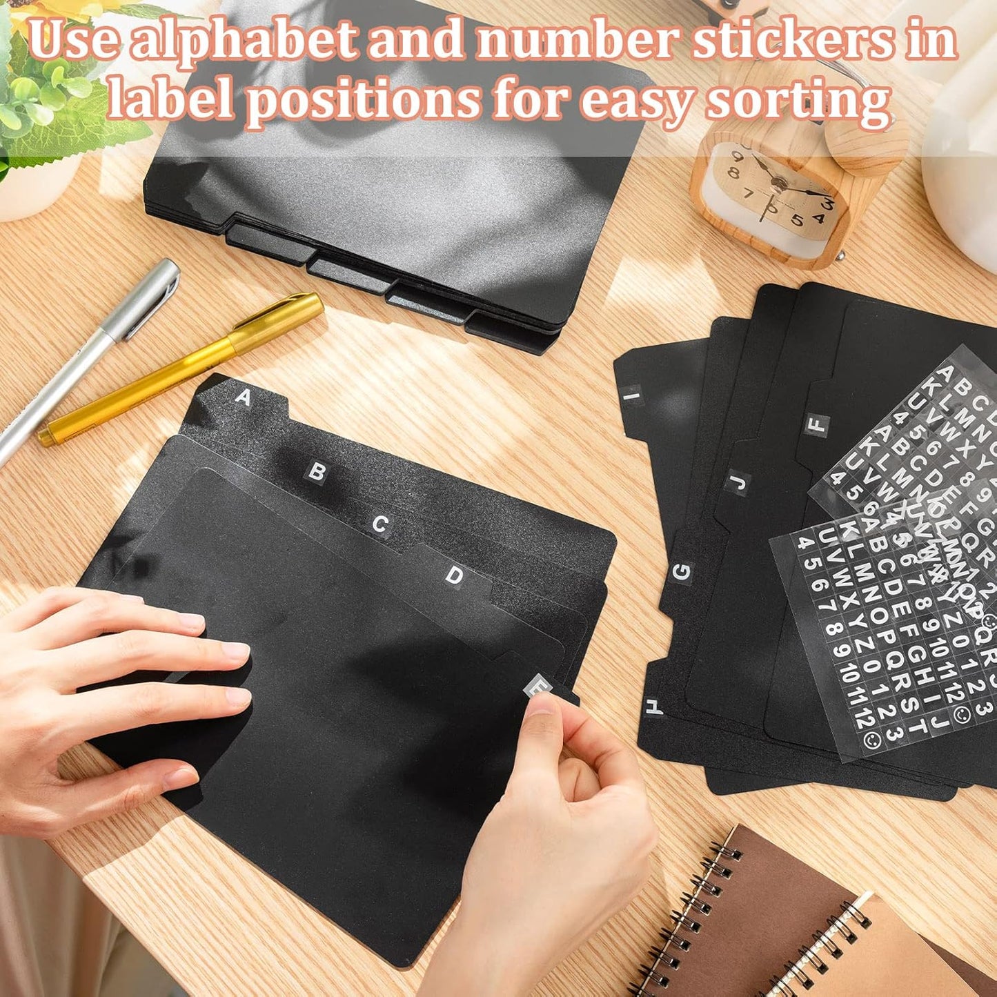 Lewtemi 50 Pcs Index Card Dividers 5 x 8 Inch Index Card Dividers with Tabs Guides with 2 Pcs Alphabet Number Stickers for Office Recipe Business (Black)