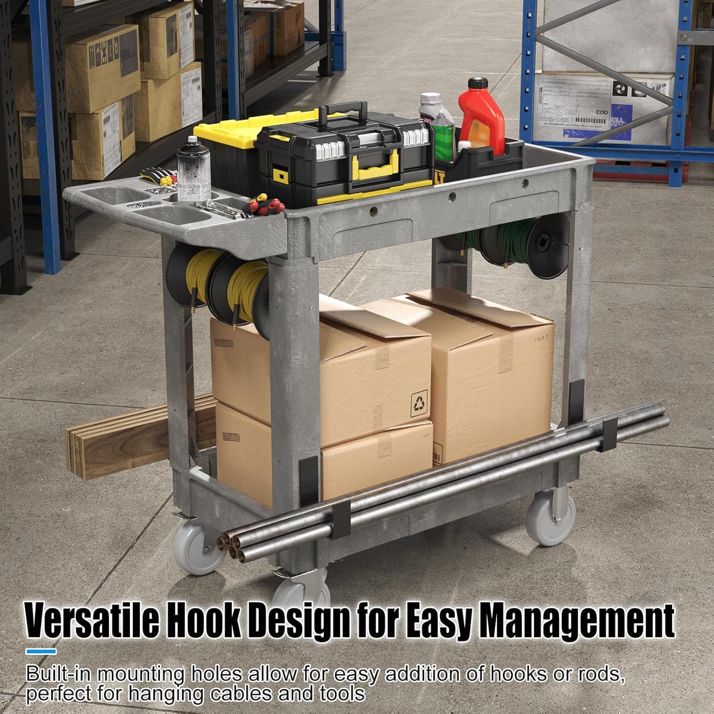 2 Tier Plastic Rolling Cart Utility Cart on Wheels, Heavy Duty Tool Carts with Ergonomic Storage Handle and Deep Shelfs, Work Carts Service Cart for Garage, Warehouse, Workshop, Office, Cleaning