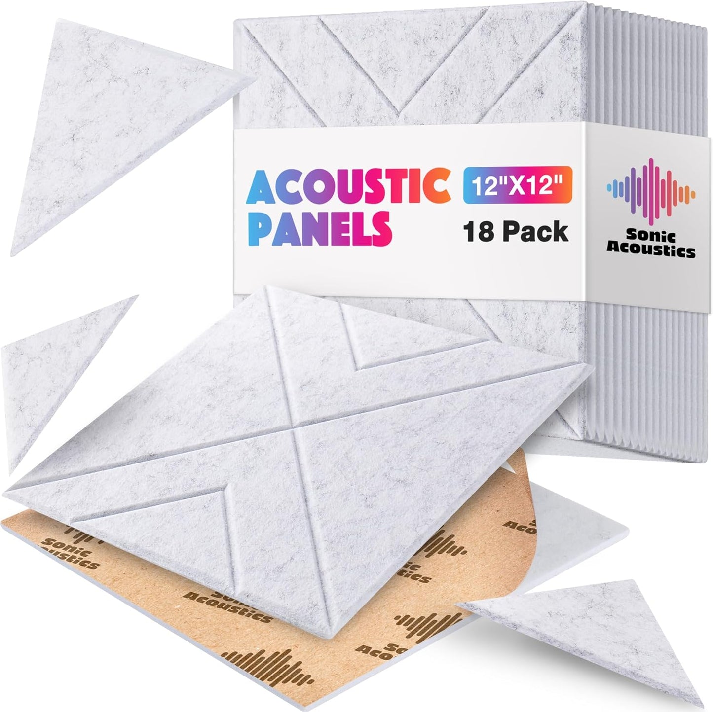 18 Pack Self-Adhesive Acoustic Panels, 12"x 12"x 0.4" Sound Absorbing Panels, High Density Square Sound Proof Noise Dampening Panels for Walls Home Studio Office, Triangle Cutting Style, Silver Gray