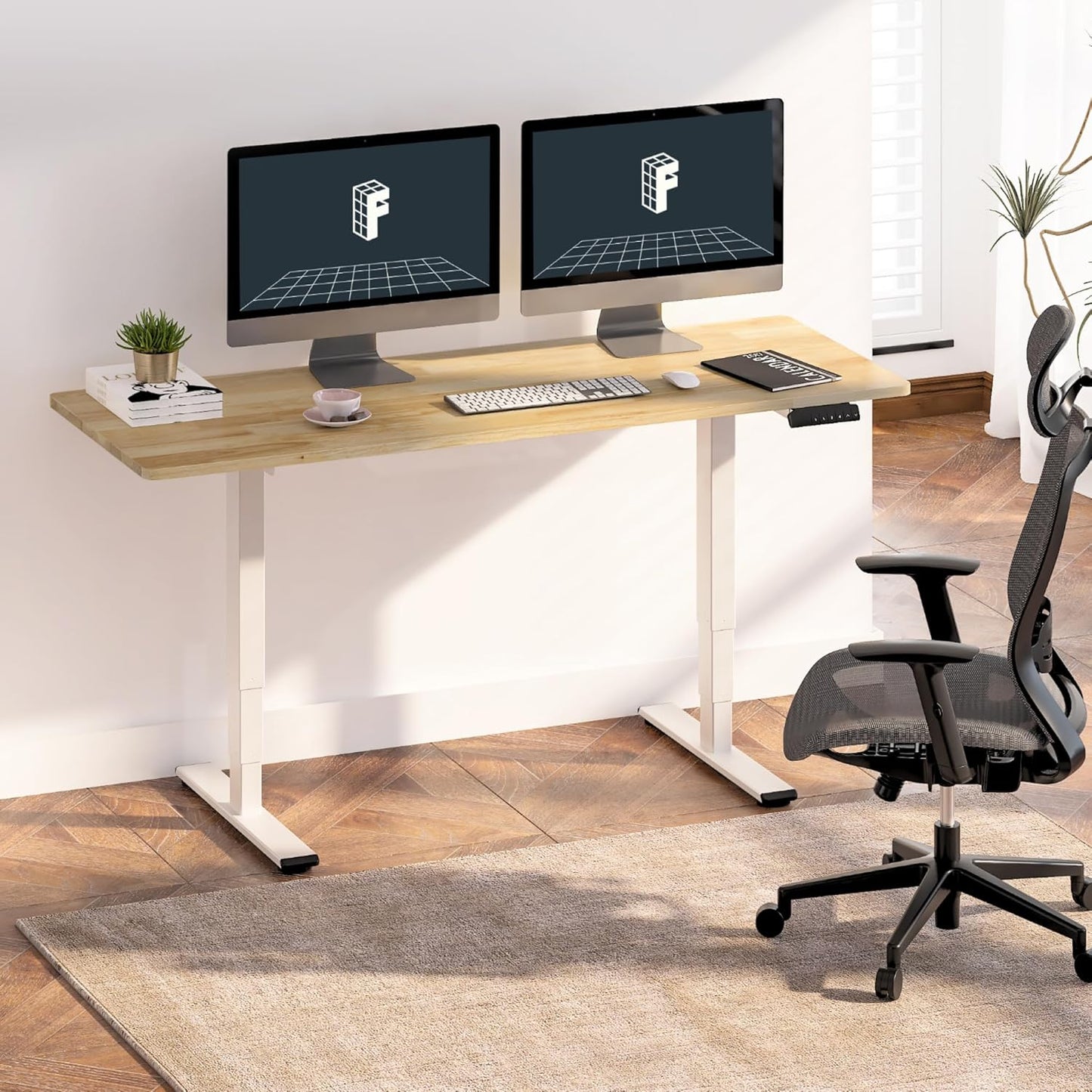 FLEXISPOT E6 Essential Rubber Solid Wood 3 Stages Dual Motor 48x24 Inch Electric Height Adjustable Standing Whole-Piece Board Desk Sit Stand Up Desk (White Frame + Solid Wood Desktop)