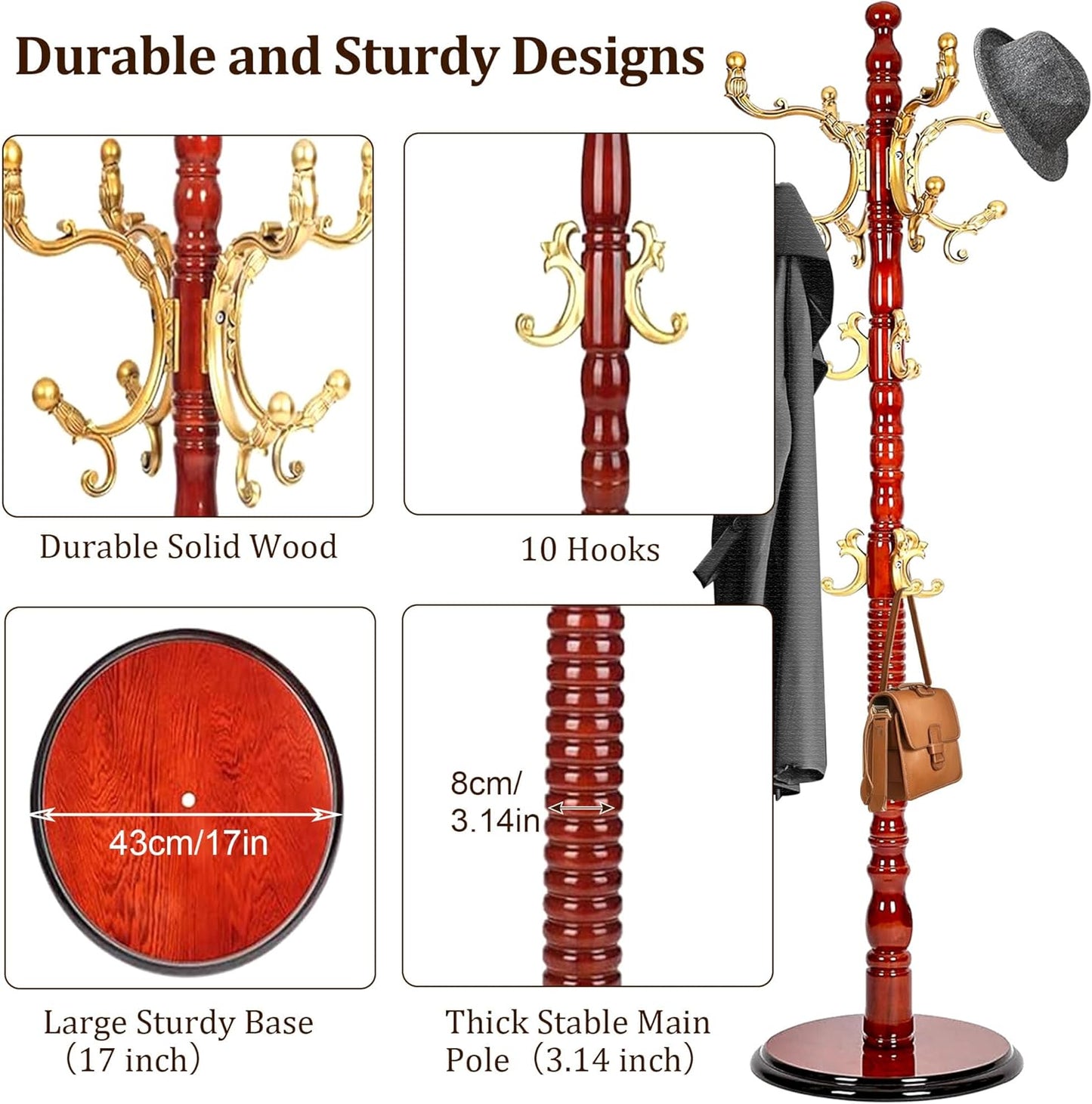 Vintage Free Standing Coat Rack with Disc Base, Solid Wood Coat Hanger Stand with 18 Hooks and 3 Adjustable Size, Standing Coat Rack Tree for Entryway, Bedroom, Hallway, Office, Apartment