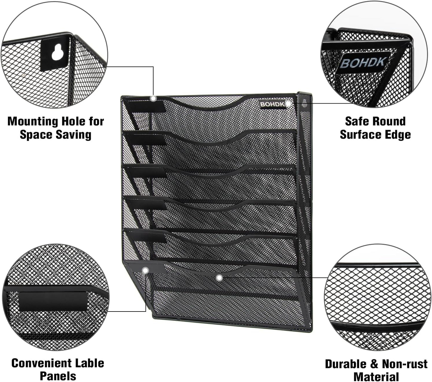 Wall File Organizer, 6 Tier Hanging File Folder Mail Organizer, Vertical Mesh Metal Wall Mount Hanging File Holder, Paper Document Magazine Rack for Home Office Black