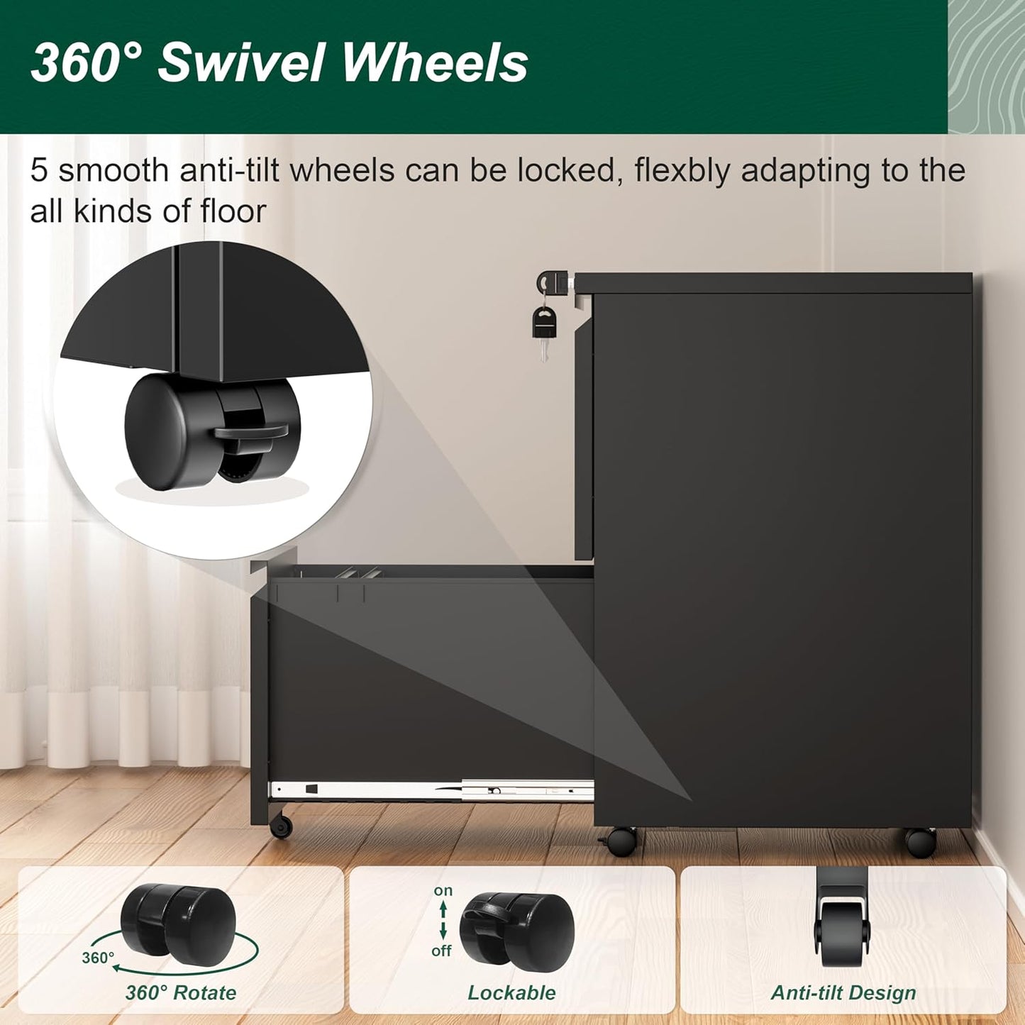 Superday 2 Drawer File Cabinet, Metal Rolling Filing Cabinet with Lock, Small File Cabinets with 2 Drawer, Filing Cabinets for Home Office Fit A4/Letter/Legal, Easy Assemble, Black