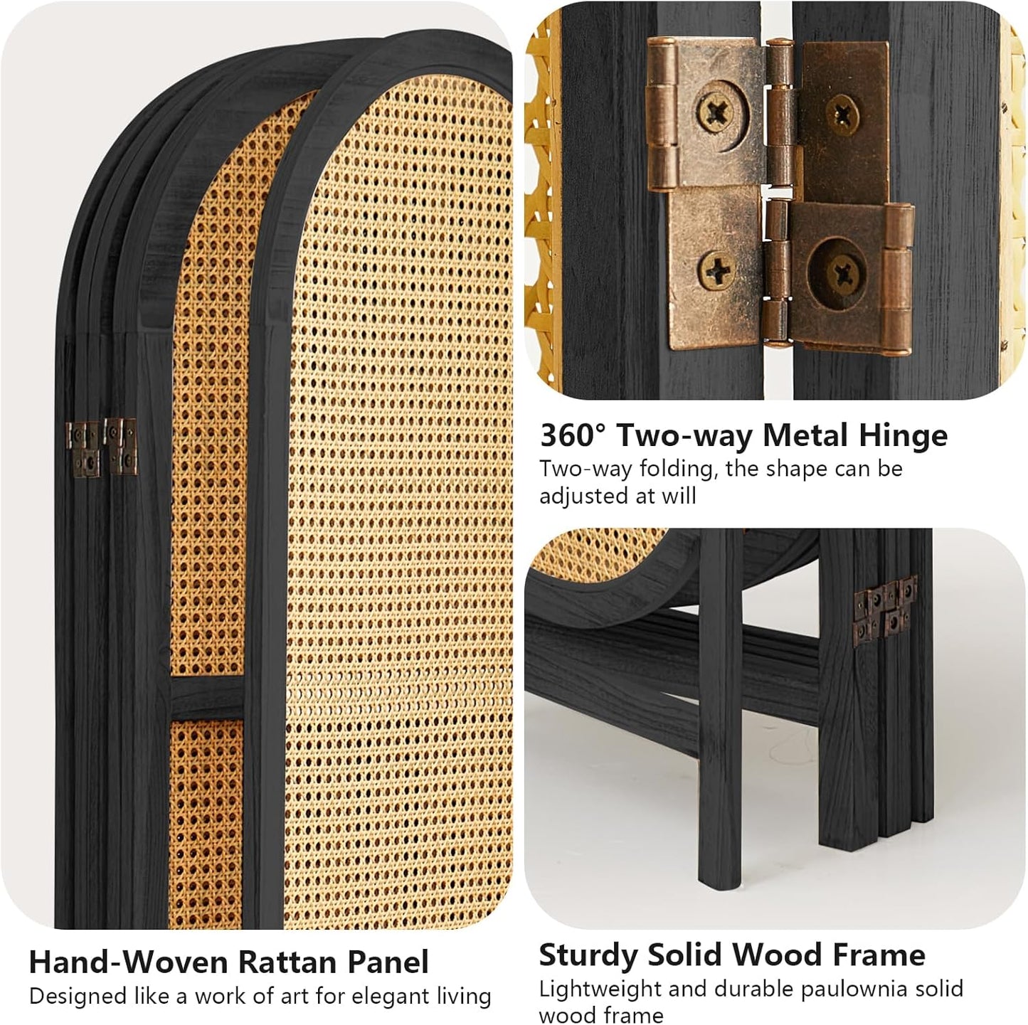 6 Panel Room Divider, Hand-Woven Rattan Room Divider Screen, Folding Privacy Screens with Double Hinges, Wooden Freestanding Wall Divider for Room Separation Bedroom Home Office - Black