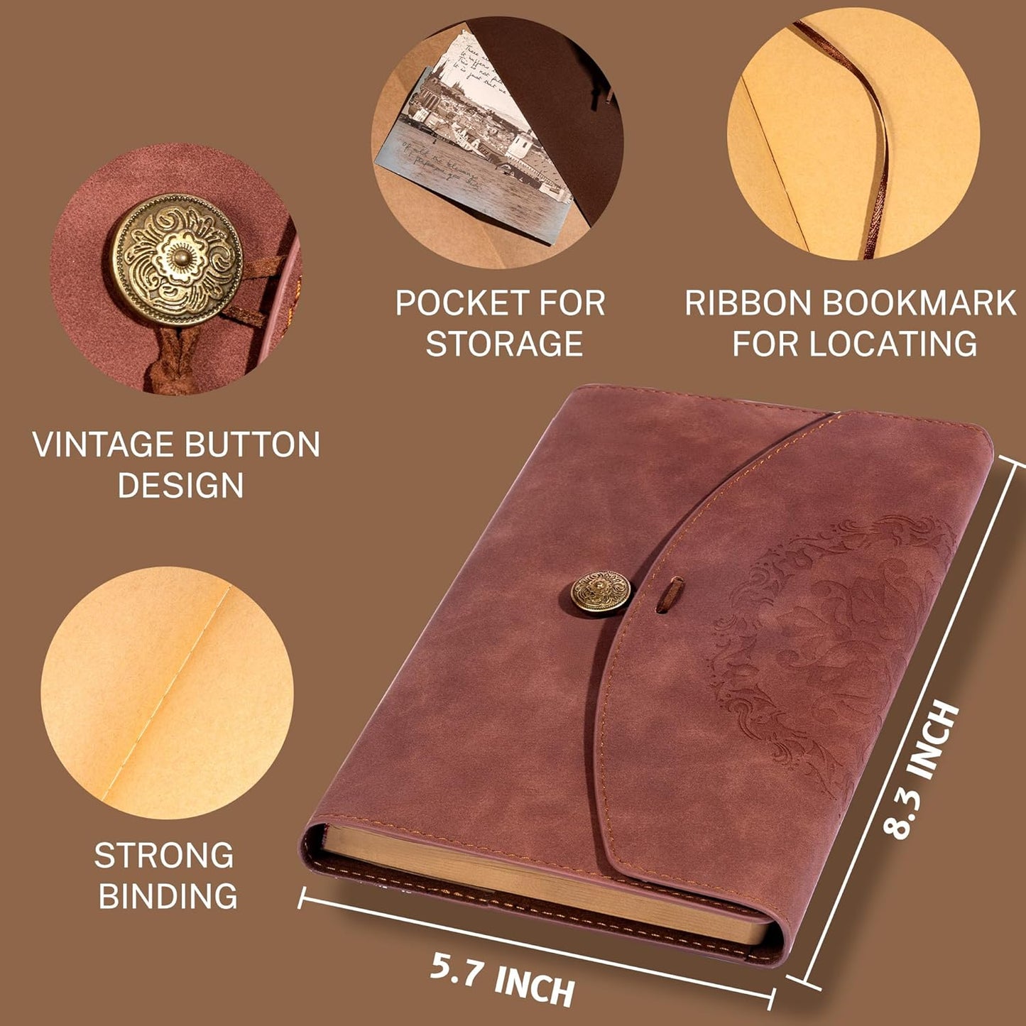 Vintage Leather Journal for Women Men, Junk Journal Notebook Soft Cover, Book of Shadows Journals for Travel Diary Scrapbook Sketchbook Journaling Writing, Brown