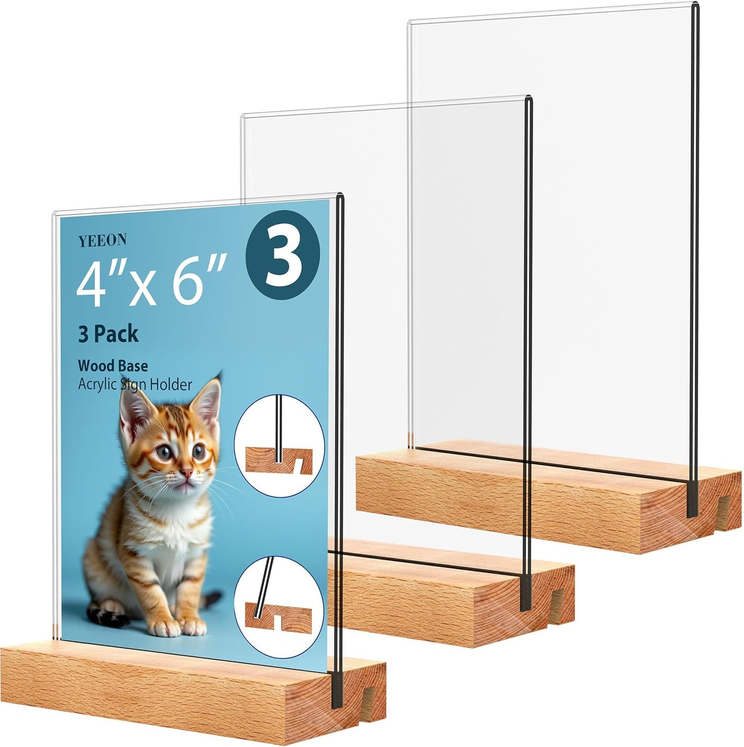 Acrylic Sign Holder with Wooden Base, Desktop Display Stand (4x6 3Pack)